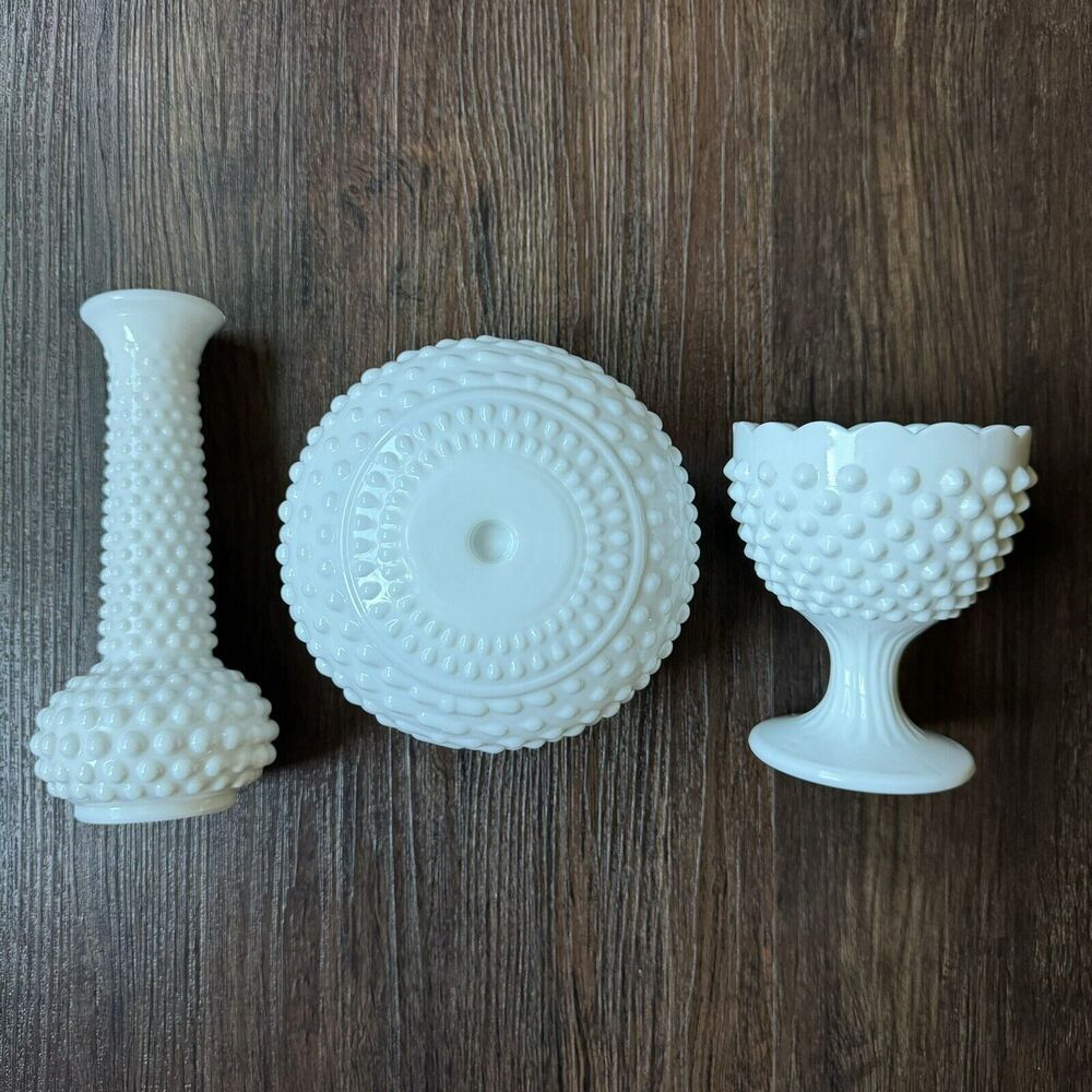 Vintage Hobnail Milk Glass - Brody Lamp Shade, 8” Vase, Fenton Scalloped Goblet